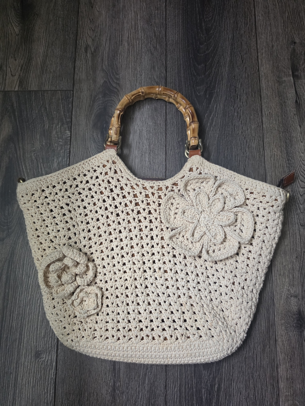 Patricia Nash Cream Crochet Tote with Bamboo Handles